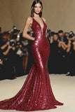 Sparkly Red Mermaid V Neck Gala Dress