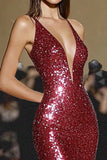 Sparkly Red Mermaid V Neck Gala Dress