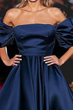 Navy A Line Off The Shoulder Gala Dress with Puff Sleeves