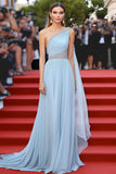 Elegant A Line Sky Blue Chiffon One Shoulder Gala Dress