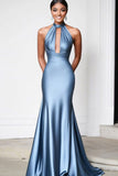 Mermaid Halter Cut Out Grey Blue Satin Gala Dress