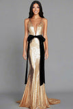 Gold Sequins Deep V-Neck Belted Sheath Gala Dress With Bows