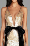 Gold Sequins Deep V-Neck Belted Sheath Gala Dress With Bows