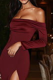 Burgundy Off The Shoulder Satin Gala Dress With Slit