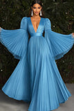 Blue A Line V-Neck Sun Pleated Gala Dress With Long Sleeves