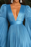 Blue A Line V-Neck Sun Pleated Gala Dress With Long Sleeves