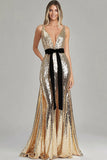 Gold Sheath Sequins Deep V-Neck Belted Gala Dress With Bows