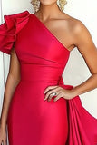 Watermelon Sheath One Shoulder Ruffled Gala Dress