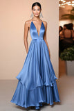 Blue A Line Spaghetti Straps Ruffled Satin Gala Dress