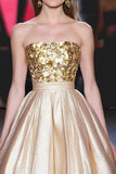 Gold Straight A Line Sequins Metallic Satin Gala Dress