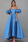 Blue A Line Off The Shoulder Ruched Satin Gala Dress