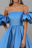 Blue A Line Off The Shoulder Ruched Satin Gala Dress