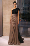 Black Brown Ruched Sheath One Shoulder Gala Dress