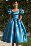 Blue Satin A Line Tea Length Gala Dress with Puff Sleeves