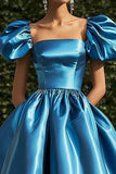 Blue Satin A Line Tea Length Gala Dress with Puff Sleeves