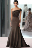 Coffee Ruched One Shoulder Mermaid Gala Dress