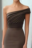 Coffee Ruched One Shoulder Mermaid Gala Dress