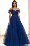 Glitter Royal Blue Off the Shoulder Pleated A Line Gala Dress