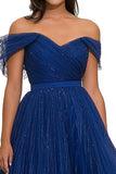 Glitter Royal Blue Off the Shoulder Pleated A Line Gala Dress