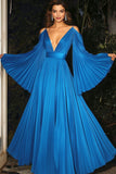 Pleated Blue V Neck A Line Gala Dress with Long Bell Sleeves