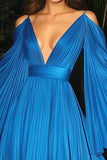 Pleated Blue V Neck A Line Gala Dress with Long Bell Sleeves