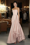 Pink Satin Sheath Strapless Gala Dress with Waist Sash