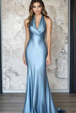 Grey Blue Halter Sheath Satin Gala Dress