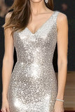 Sparkly Silver V Neck Sheath Gala Dress