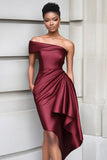 Ruched One Shoulder Tight Burgundy Knee Length Gala Dress