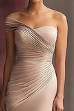 Light Khaki One Shoulder Sheath Pleated Satin Gala Dress