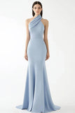 Light Blue Halter Crepe Sheath Gala Dress