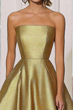 Metallic Satin Gold A Line Strapless Maxi Gala Dress