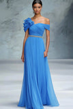 Blue Chiffon Pleated Off the Shoulder Bleted A Line Gala Dress with Flower