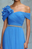 Blue Chiffon Pleated Off the Shoulder Bleted A Line Gala Dress with Flower