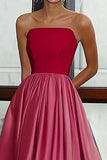 Red Pink Satin A Line Strapless Tea Length Gala Dress