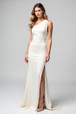 Ivory One Shoulder Sheath Formal Dress with Slit