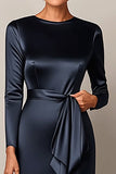 Elegant Navy Bodycon Long Sleeves Satin Formal Dress With Streamer