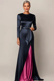 Elegant Navy Bodycon Long Sleeves Satin Formal Dress With Streamer