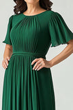 Elegant A Line Dark Green Ruched Mother Of Bride Dress With Flutter Sleeves