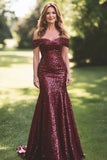 Sparkly Burgundy Off The Shoulder Long Formal Dress With Sequins