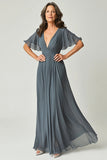 Elegant Twilight A-Line V-neck Ruch Long Chiffon Mother Of the Bride Dress with Flutter Sleeves