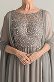 Elegant Sliver A-Line Scoop Long Chiffon Mother Of the Bride Dress with Lace Appliques