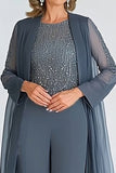 Elegant Twilight 2-piece Scoop Chiffon Ankle-Long Mother of the Bride Suits with Long Sleeves