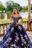 Navy Off the Shoulder Ball Gown Tulle Quinceanera Dress with Flower Appliques