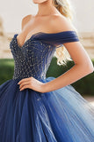 Navy Tulle Ball Gown Off the Shoulder Quinceanera Dress with Beading