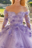 Lilac Off the Shoulder Princess Tulle Applique Quinceanera Dress with Long Sleeves