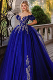 Royal Blue Ball Gown Off the Shoulder Tulle Quinceanera Dress with Appliques