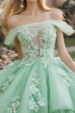 Sparkly Mint Ball Gown Off the Shoulder Ruffles Tulle Quinceanera Dress with Sequined Appliques