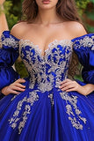 Royal Blue Sweetheart Ball Gown Appliqued Tulle Quinceanera Dress With Half Sleeves