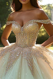 Glitter Champagne Tulle Lace Off the Shoulder Quinceanera Dress